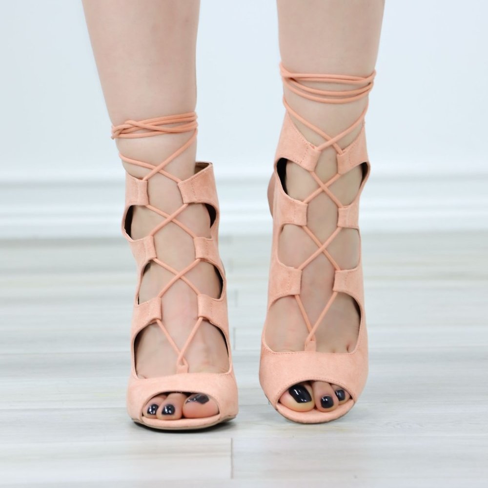 Melon Faux Suede Strappy Block High Heels Sandals Open Toe - Picture 10 of 11